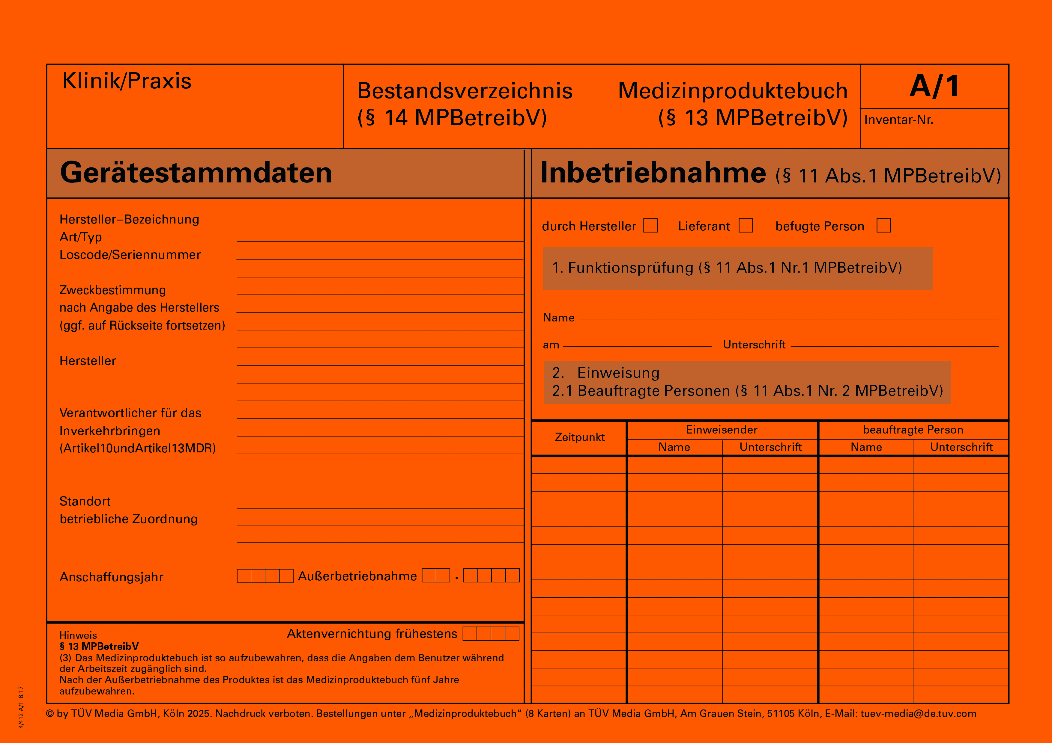 Medizinproduktebuch - Bestandsverzeichnis